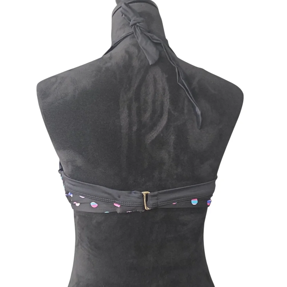 Tahiti Womens Large Black Holographic Polka Dot‎ Halter Underwire Bikini Top L